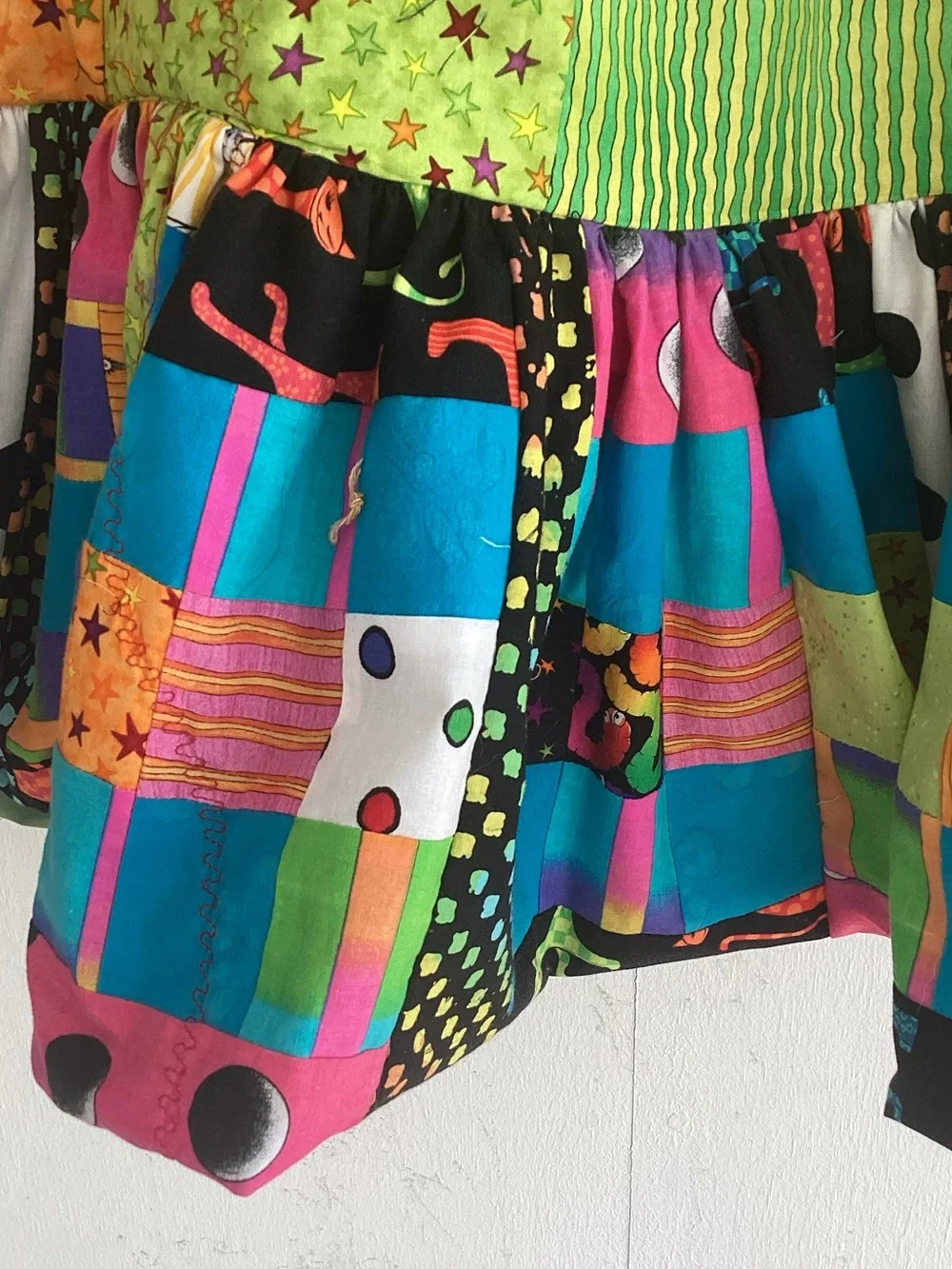 Upcycle Annie patchwork side /front pocket cotton tiered ruffle midi skirt. M-L